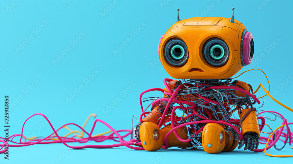 The robot, tangled in wires, sits discouraged. System error. Blue background copy space