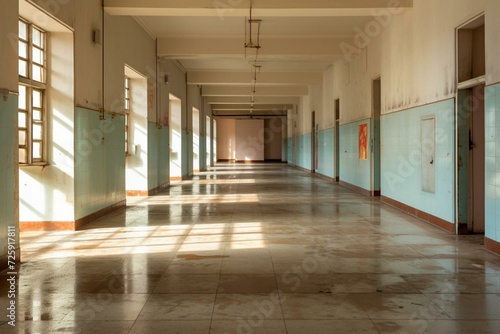 Deserted school corridor with storage. Generative AI
