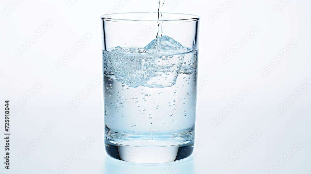 Crystal clear water filling glass, causing a splash, against a white background. Evokes a sense of purity and refreshment. Concept of clean drinking water, health, ecology and refreshment Crystal clear water filling glass, causing a splash, against a white background. Evokes a sense of purity and refreshment. Concept of clean drinking water, health, ecology and refreshment