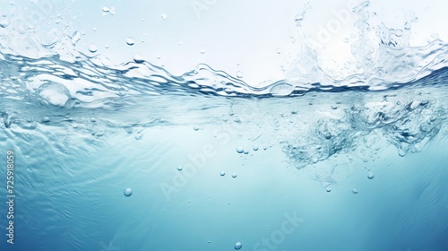 Underwater view with bubbles and a dynamic water surface. Clear and serene. Banner. Copy space. Concept of underwater world, tranquility, nature, delivery of clean water