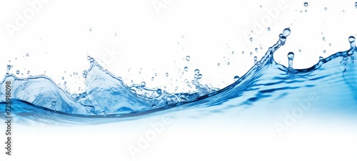 Clear Water splash in blue tones, isolated on a white background. Wide banner. Copy space. Concept of freshness, purity, liquid in motion, and environmental themes.