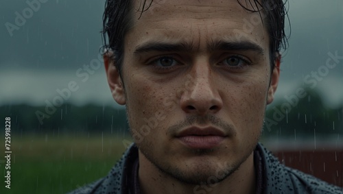 Portrait of a sad man in the rain. Natural background. Sadness, melancholy, upset, cry. A negative emotion.