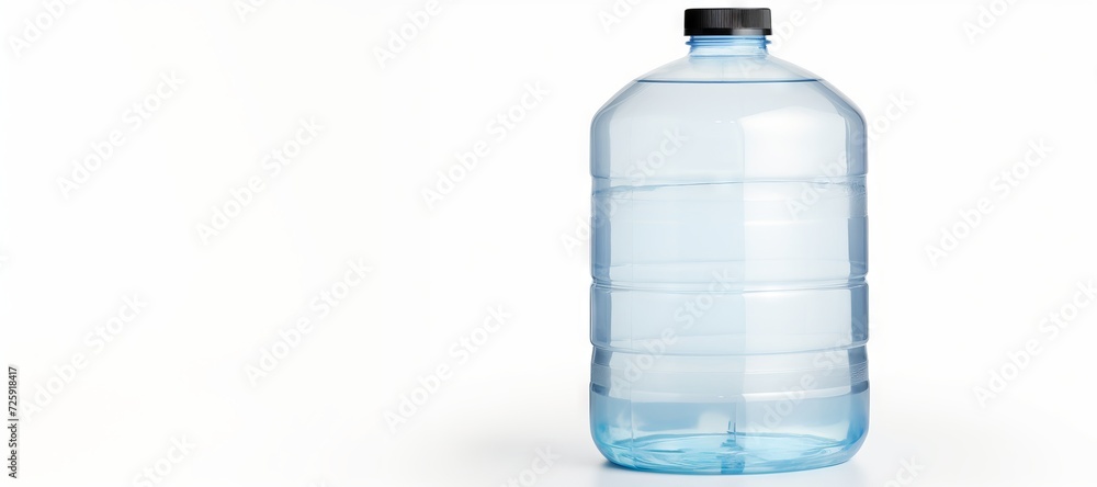 Large transparent plastic water bottle with a blue tint isolated on white background. Banner with copy space. Concept of bulk water storage, hydration supply, and health awareness. Large transparent plastic water bottle with a blue tint isolated on white background. Banner with copy space. Concept of bulk water storage, hydration supply, and health awareness.