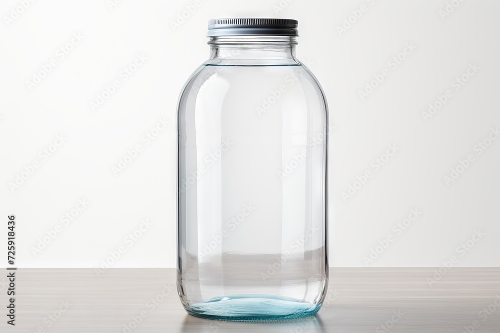 Transparent empty glass water bottle with lid. White backdrop. Concept of environmental health, refillable water containers, and plastic alternatives. Transparent empty glass water bottle with lid. White backdrop. Concept of environmental health, refillable water containers, and plastic alternatives.