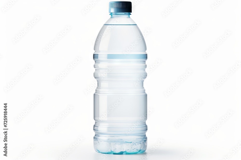 Transparent water bottle with blue lid, portable. White background. Concept of individual hydration, eco-friendly drinking option, and on-the-go lifestyle. Transparent water bottle with blue lid, portable. White background. Concept of individual hydration, eco-friendly drinking option, and on-the-go lifestyle.