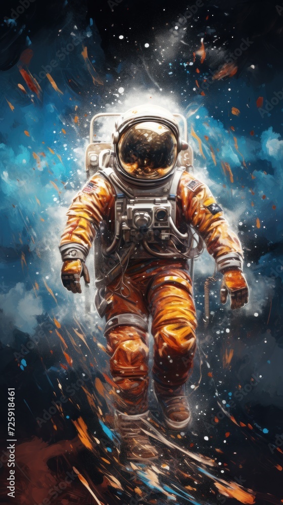 Vibrant oil painting of Astronaut floating in space with colorful nebula background. Concept of space exploration, astronautics, aquarelle art, cosmic. Vertical format