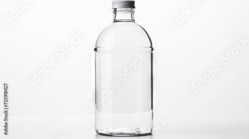 Transparent empty glass water bottle with lid. White background. Concept of environmental health, refillable water containers, and plastic alternatives.