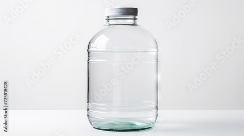 Transparent empty glass water bottle with a lid. White background. Concept of environmental health, refillable water containers, and plastic alternatives.