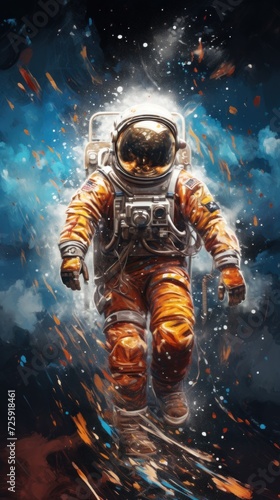 Vibrant oil painting of Astronaut floating in space with colorful nebula background. Concept of space exploration, astronautics, aquarelle art, cosmic. Vertical format