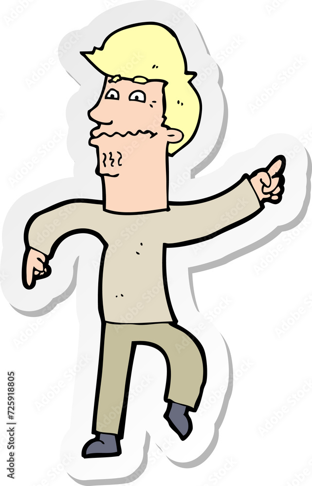 sticker of a cartoon worried man pointing