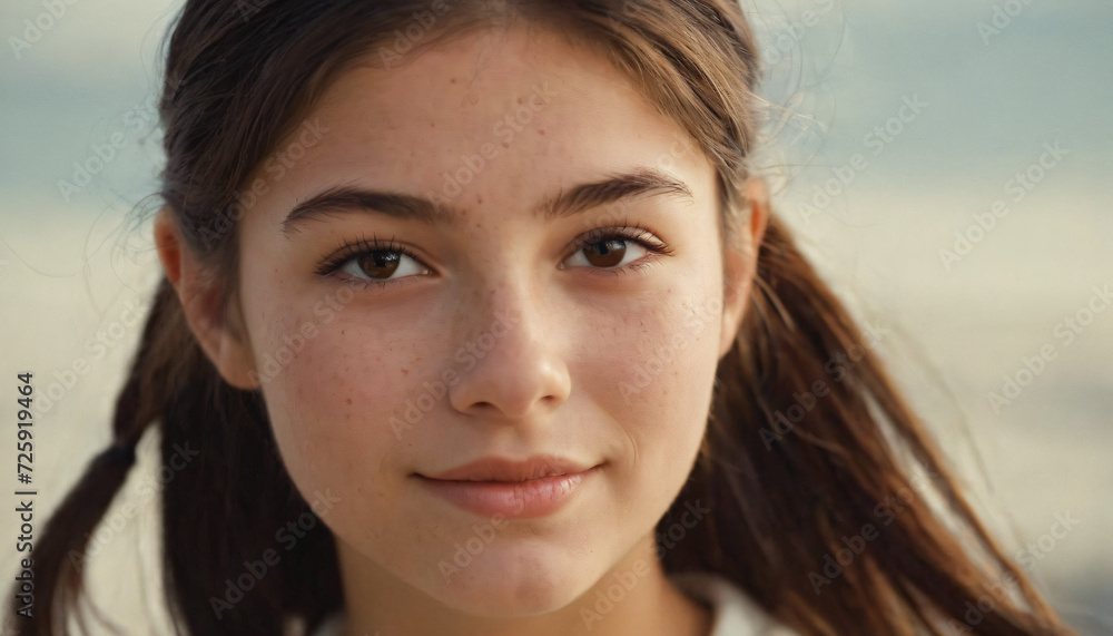 Young Brunette with Freckles Smiling at the Beach: Radiant Ponytail and Curls in Ocean Waves Young Brunette with Freckles Smiling at the Beach: Radiant Ponytail and Curls in Ocean Waves