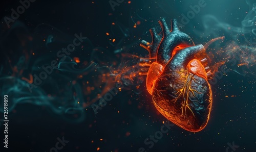 Human heart close-up. Human heart on a dark background with bokeh.