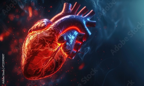 Human heart close-up. Human heart on a dark background with bokeh.
