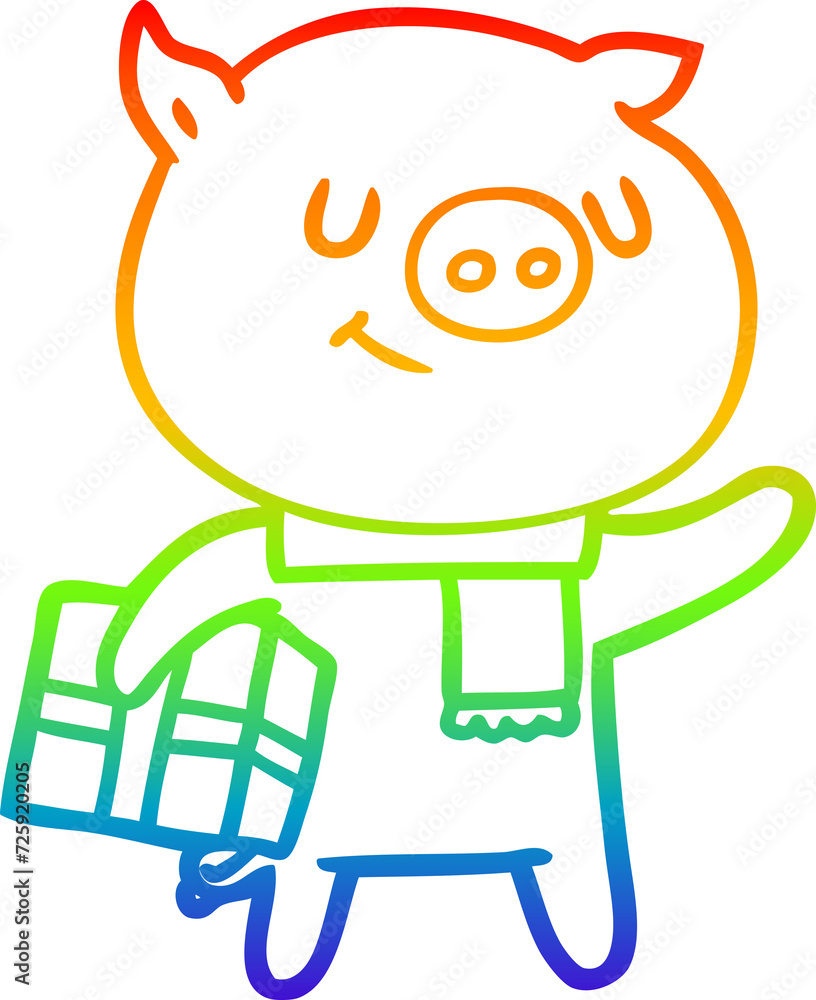 rainbow gradient line drawing happy cartoon pig with christmas present rainbow gradient line drawing happy cartoon pig with christmas present