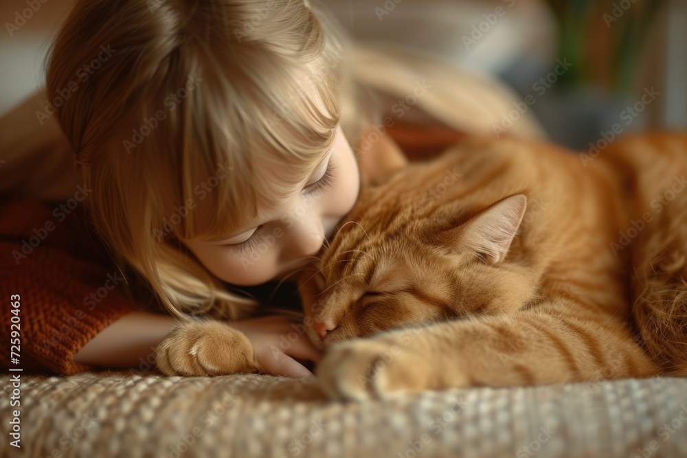 Girl child and big paw red cat. Children and pets. Baby playing with big red cat. 