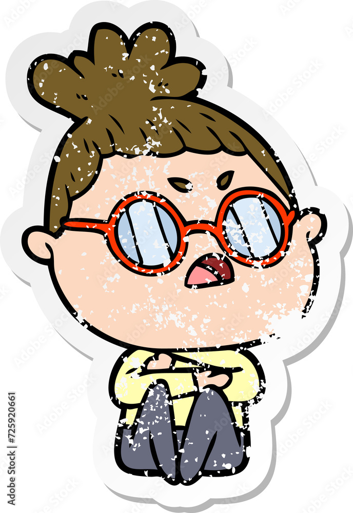 distressed sticker of a cartoon annoyed woman distressed sticker of a cartoon annoyed woman
