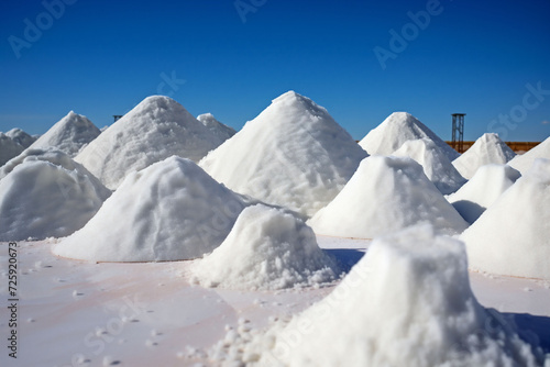 Numerous white salt heaps dot the landscape under a clear blue sky, highlighting the vastness of the salt pans. productive feel, fitting for documentary and resource-related uses.