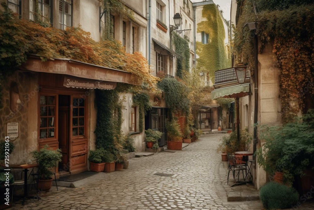 A quaint street in Paris with charming houses, cozy cafes, and decorative lanterns. Generative AI