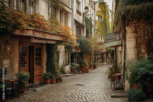 A quaint street in Paris with charming houses  cozy cafes  and decorative lanterns. Generative AI