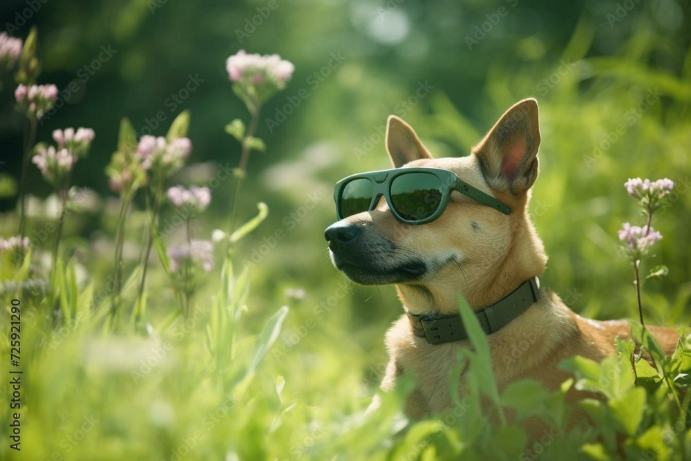 vigilant canine in trendy sunglasses amidst luxurious green haven. Generative AI