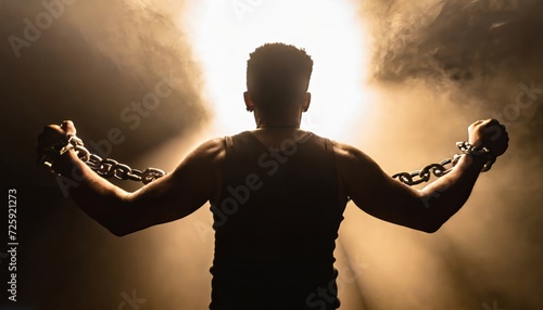 Man from behind freeing himself from thick chains that break with intense white light in background