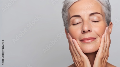 Senior older woman with closed eyes touching her perfect skin. Beautiful portrait mid 50s aged woman  advertising facial antiage lift  products salon care skin