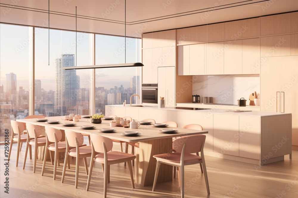 Fototapeta premium Minimalist Kitchen Interior with Elegant Light Neutral Colors and Natural Wood Design