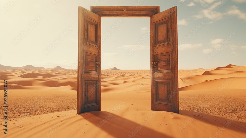opened door in the desert art concept  - obrazy, fototapety, plakaty 