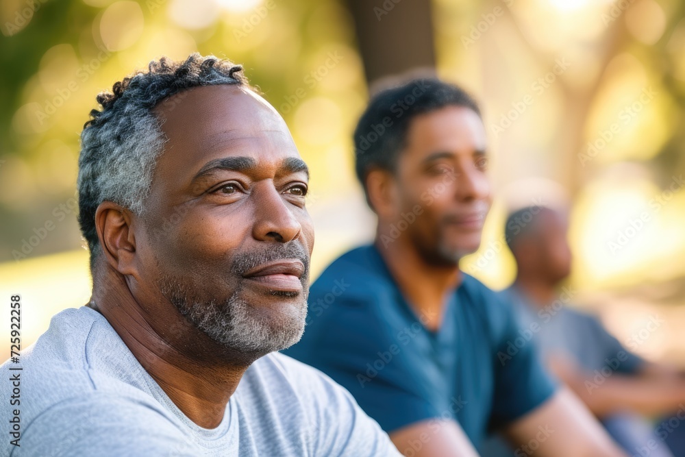 Multi-ethnic men in park, taking a break from exercising. Focus on African American man (60s). 