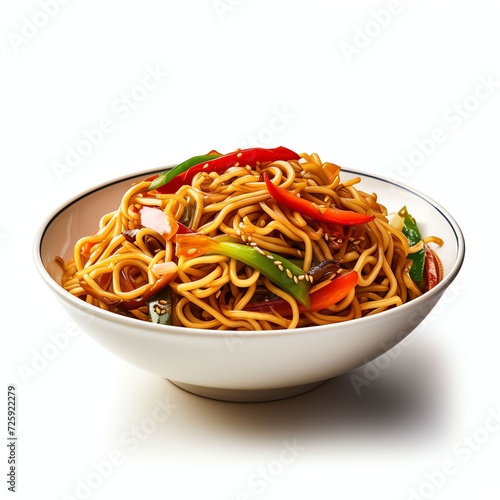 a schezwan noodles or vegetable hakka noodles or chow mein is a popular indo-chinese recipes, studio light , isolated on white background