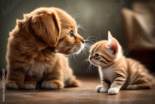 Cute Cat and Dog Offspring Engage in a Happy Play-Fight, Celebrating the Harmony of Furry Friendship.