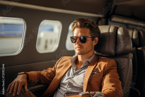 Handsome man inside a private jet. Generative ai image. © jroballo