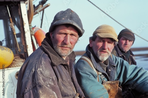 USA  Maine  St. George  Portrait of three fishermen standing on boat 