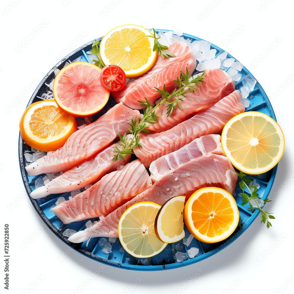 a raw fish slices with lemon slices on blue barbecue food meat photo seafood dish meal color, studio light , isolated on white background a raw fish slices with lemon slices on blue barbecue food meat photo seafood dish meal color, studio light , isolated on white background