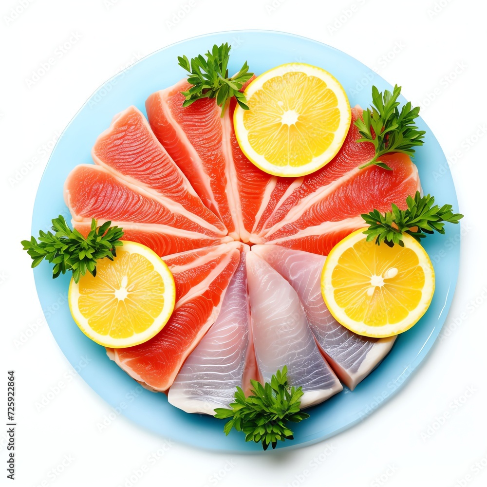 a raw fish slices with lemon slices on blue barbecue food meat photo seafood dish meal color, studio light , isolated on white background a raw fish slices with lemon slices on blue barbecue food meat photo seafood dish meal color, studio light , isolated on white background
