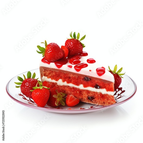 a red cake slice fruit cake piece inside plate with fresh strawberries, studio light , isolated on white background