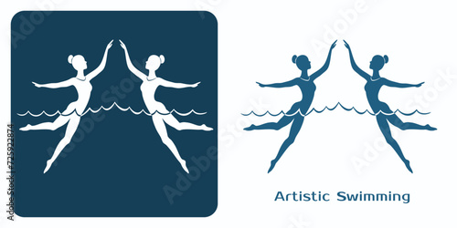 Artistic or swimming 2 icons. Women athletes synchronized performance emblem. Water ballet duet.