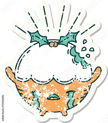 grunge sticker of tattoo style christmas pudding character crying