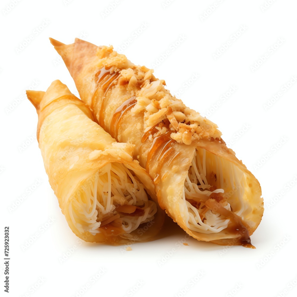 a pisang molen is an indonesia street food made from fried banana warp with sheet pastry, studio light , isolated on white background a pisang molen is an indonesia street food made from fried banana warp with sheet pastry, studio light , isolated on white background