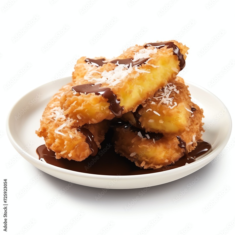 a pisang goreng coklat keju is indonesian banana fritter served with grated chocolate and cheese, studio light , isolated on white background a pisang goreng coklat keju is indonesian banana fritter served with grated chocolate and cheese, studio light , isolated on white background