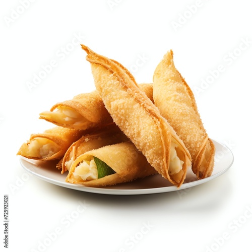 a pisang molen is an indonesia street food made from fried banana warp with sheet pastry, studio light , isolated on white background photo