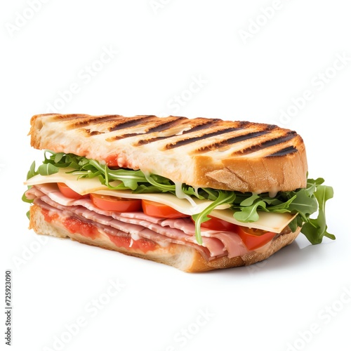 a panini sandwich with ham cheese tomato and arugula, studio light , isolated on white background