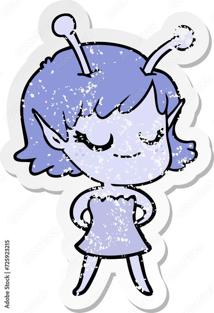 distressed sticker of a smiling alien girl cartoon distressed sticker of a smiling alien girl cartoon