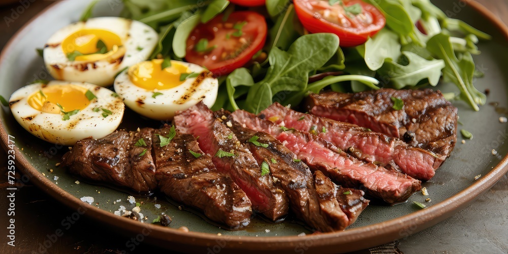 Yummy Grilled Beef Steak! Sliced and Served with a Green Salad Full of Eggs - Delicious and Satisfying - Soft Natural Light