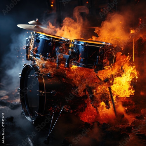 Scene with burning drums. Burning drums. Musical explosion. Rock band concert, stage, fire. Fire on stage, special effects illustration.