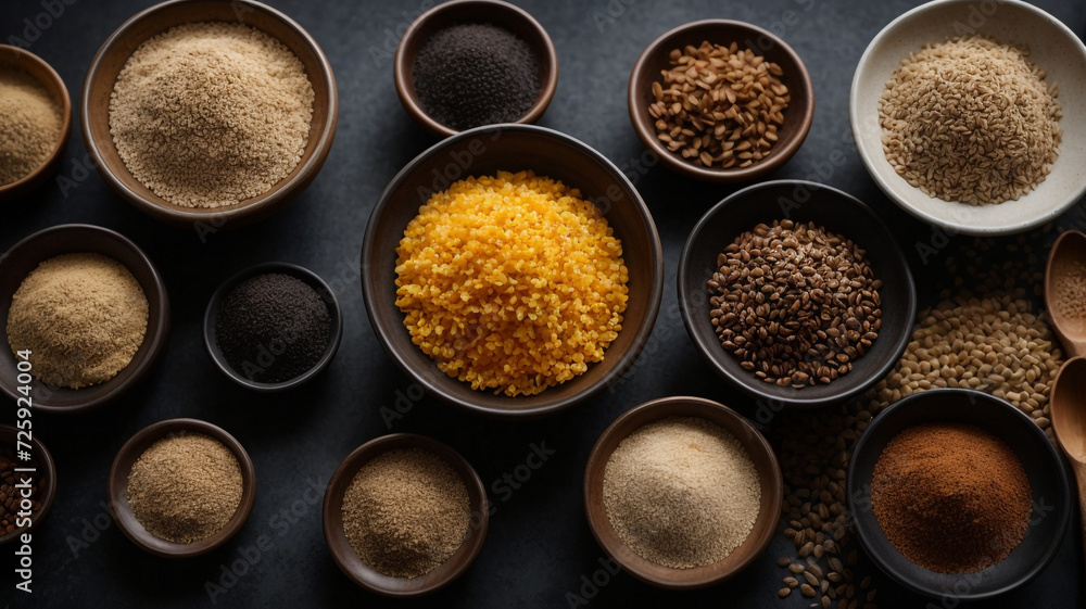 Wholesome Harmony: Top View on Bowls with a Variety of Grains on a Textured Surface Wholesome Harmony: Top View on Bowls with a Variety of Grains on a Textured Surface