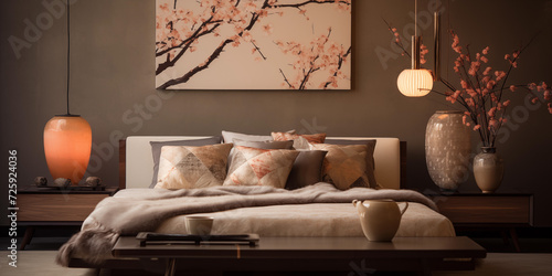 Peach fuzz bedroom design with peach shades. stylish bedroom with large abstract art design on backwall, trendy color of the year 2024, peach fuzz interior design photo