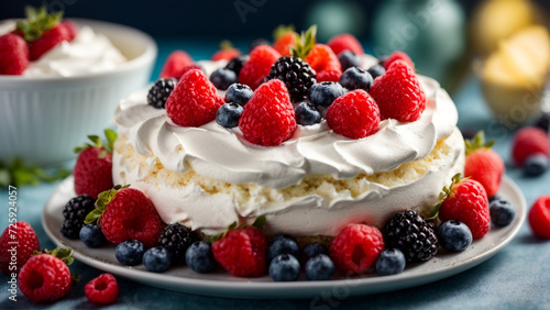 Sweet Kiwi Symphony: Top View on New Zealand Pavlova Cake with Whipped Cream
