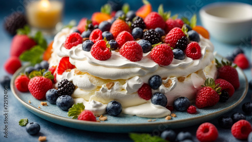 Aerial Delight: Top View on New Zealand Pavlova Cake with Whipped Cream
