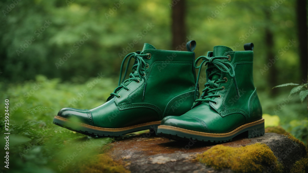 Trendy Strides: Dark Green Boots Pair on a Light Green Background